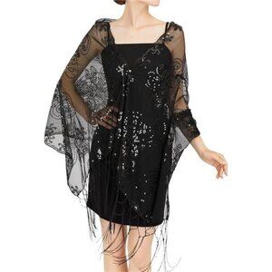 Black 1920s Retro Fringe Sequin Shawl Wrap Long Evening Party‎ Shawl Shrug